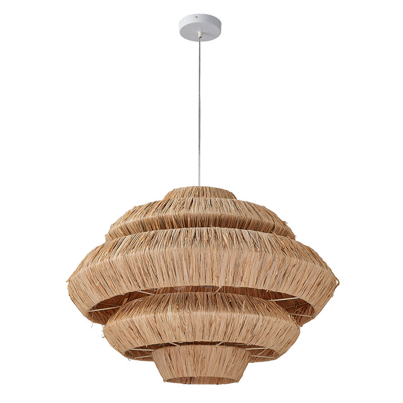 Luminaire suspendu 3 lumières au fini blanc avec abat-jour en raphia