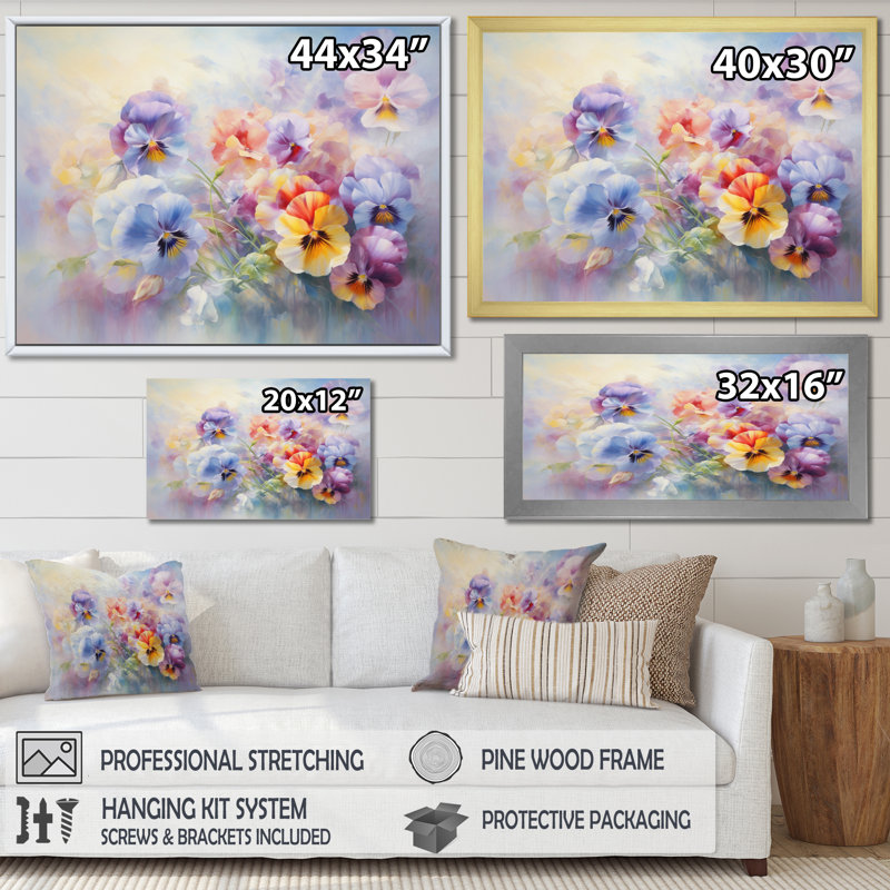 Colourful Pansies Romantic Impression III - Floral Canvas Wall Art, H 12 po x l 20 po x P 1 po, Cadre flottant noir