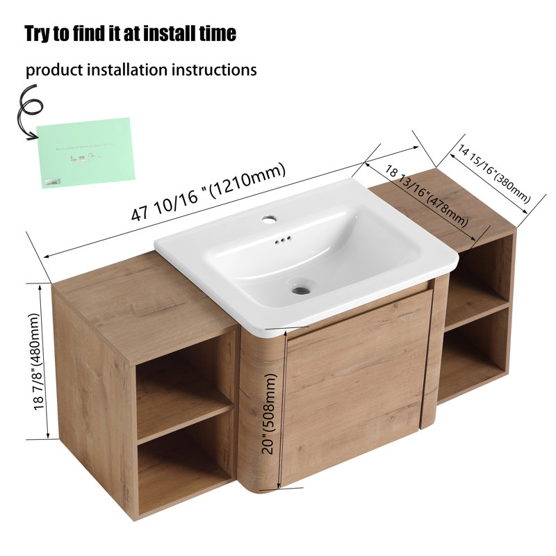Meuble-lavabo mural 48 po avec comptoir en céramique, 48"