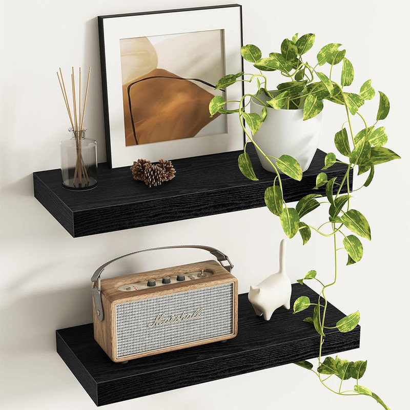 Set Of 2 16-Inch Modern Farmhouse Black Wood Finish Floating Shelves - Wall Mounted Storage For Bathroom, Kitchen, And Bedroom