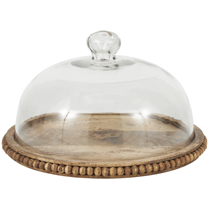Brown Mango Wood Cake Stand with Glass Dome