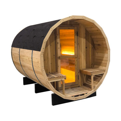 Knotty Red Cedar Barrel Sauna Outdoor, Curved Acrylic View Window Sauna Room, Waterproof Asphalt Shingle Roof & Built-in LED Lighting, 4-6 Person Backyard Barrel Spa Sauna Cabin, Weather Resistant Wooden Sauna Room for Home Garden Patio Outdoor Relaxatio