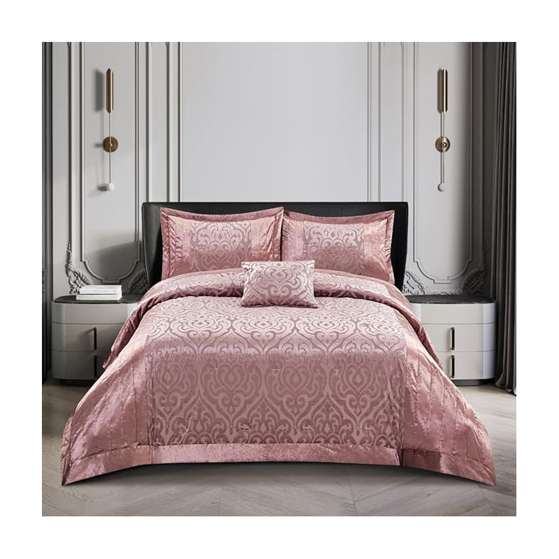 Bollara Velvet Damask Bedspread with Pillow Shams, PInk, Super King Bedspread + 2 Pillow Sham