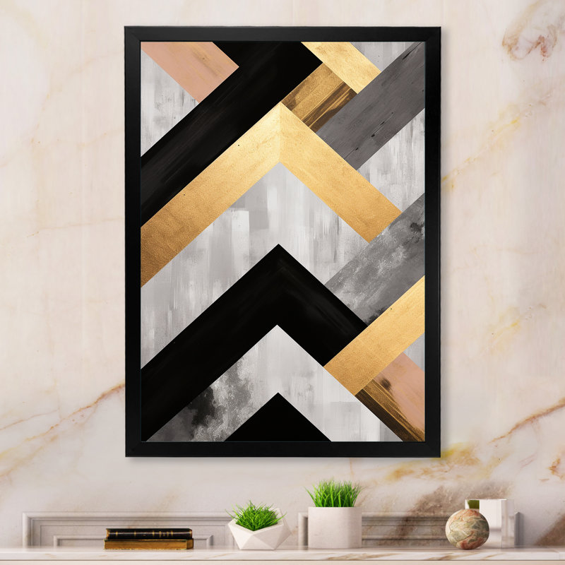 Carreaux géométriques noirs et dorés 4 - art mural géométrique, Cadre flottant noir, H 40 po x l 30 po x P 1,5 po
