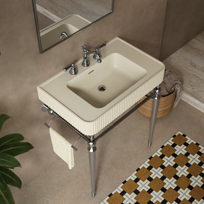 Vasque à poser VICI 30 en marbre artificiel beige, 3 trous de robinetterie, pieds de support autoportants en acier inoxydable avec porte-serviettes, robinetterie et couvercle non inclus, couleur chromée