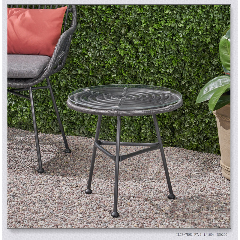 Orlando Outdoor Glass Top F Faux Rattan Side Table, Tempered Glass Top End Table For Balcony Porch Deck, Gray/Black