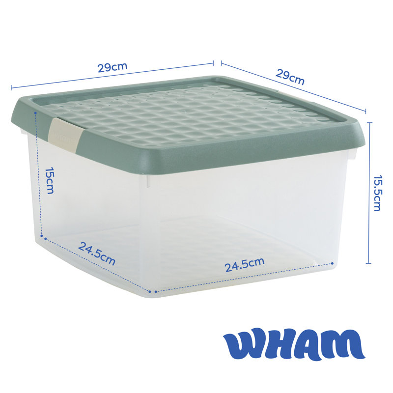 Wham Clip 9L Square Plastic Storage Boxes with Secure Clip Lock Lids. L:29 x W:29 x H:15.5cm Clear/Stone/Slate Grey, Green