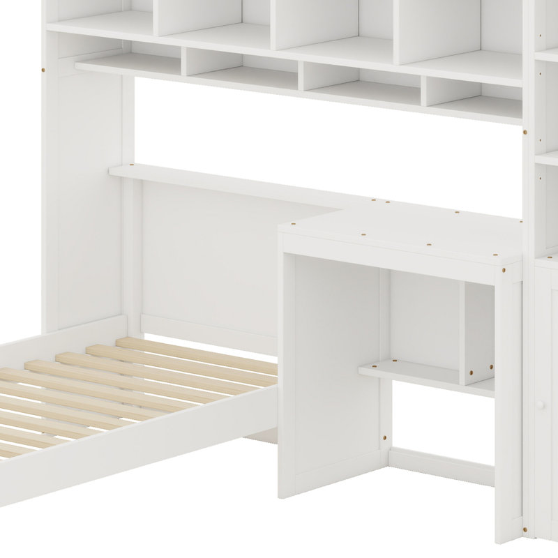 Lit plateforme moderne avec bureau, armoire, armoires et tiroirs pour un rangement maximal, Blanc