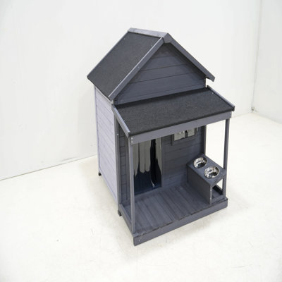 Large Balcony Dog House, Length 44.2" X Width 44.6 "X Height 44.6" Solid Wood Asphalt Roof Dog House With Large Terrace, Weatherproof Large Dog House, Cleaning Mat, Feeding Bowl
