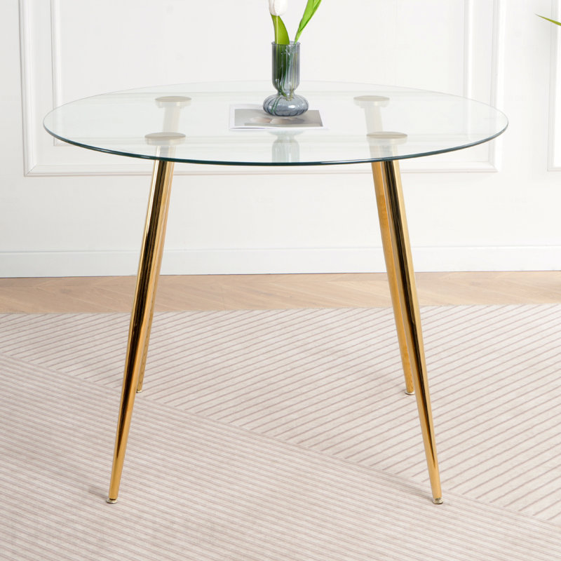 39.4" Round Glass Dining Table Clear Glass Countertops Gold-Plated Metal Legs