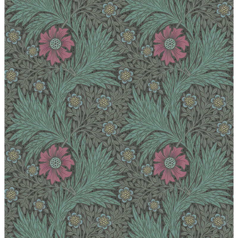 Papier peint floral bleu sarcelle avec fleurs roses sur charbon, Peler et coller