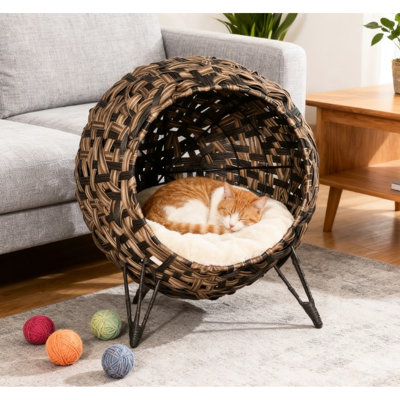 Woven Banana Leaf Kitten House With Cushion, Elevated Cat Bed For Air Circulation, Brown And Metal Tripod Stability Hand-woven Cats Under 11 Pounds, Color Support