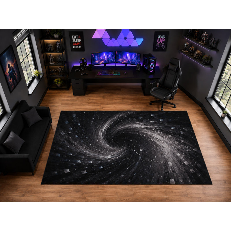 Tapis d'intérieur ultra-léger de 200 x 300 cm (6'7" x 9'10") à motif tourbillon galaxie pixelisé, idéal pour la décoration de salle de jeux. Doux et à poils courts, avec envers antidérapant en silicone. Couleur noir et gris.
