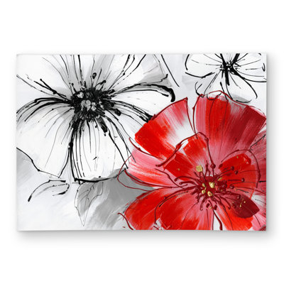Red & White Flowers Sketch Rug | Contemporary Living Room Decor