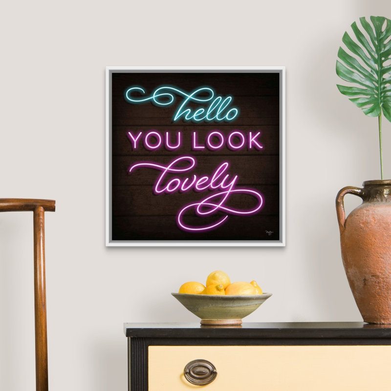 «Neon Hello Mollie B.», reproduction d'art sur toile tendue, 22" H x 22" W x 1.75" D, Cadre blanc