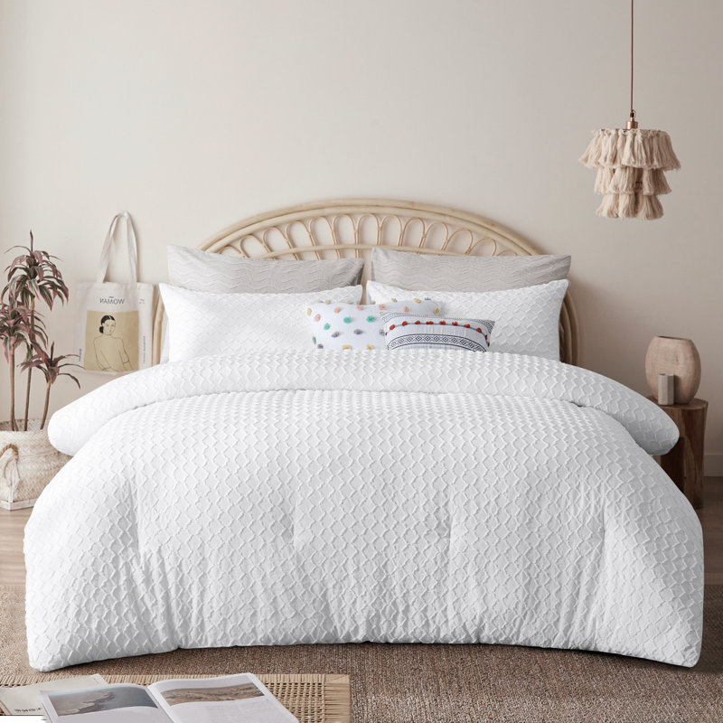 Ensemble d'édredon en jacquard et capitonné Suniya, Édredon pour très grand lit + 2 très grandes ta, Blanc