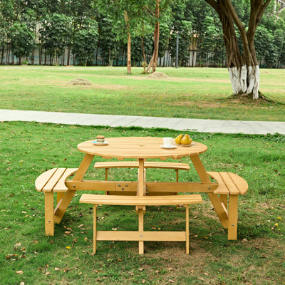 Table de pique-nique ronde pour 8 personnes avec 4 bancs intégrés. Bord lisse, pour la cour, le patio, les gens du jardin - bancs, parasol, trou - pour le patio et
