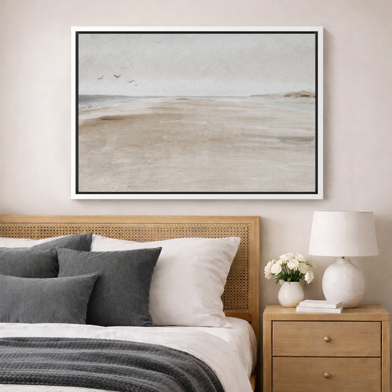 Minimal Landscape "Coastal Sandy Beach Seascape Artwork, Abstract Minimalist Neutral Decor Wall Pictures, Large Framed Canvas Giclee Print Wall Art"
