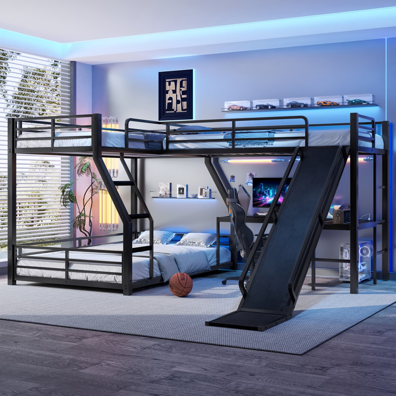 L-Shaped Twin over Full Triple Bunk Bed with Twin Loft, Metal Frame with Slide, USB Ports, Space-Saving & Noise-Free Design, Black