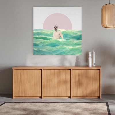 Retro Swimmer In Waves Peaceful Retro Serene Ocean Landscape Wall Art