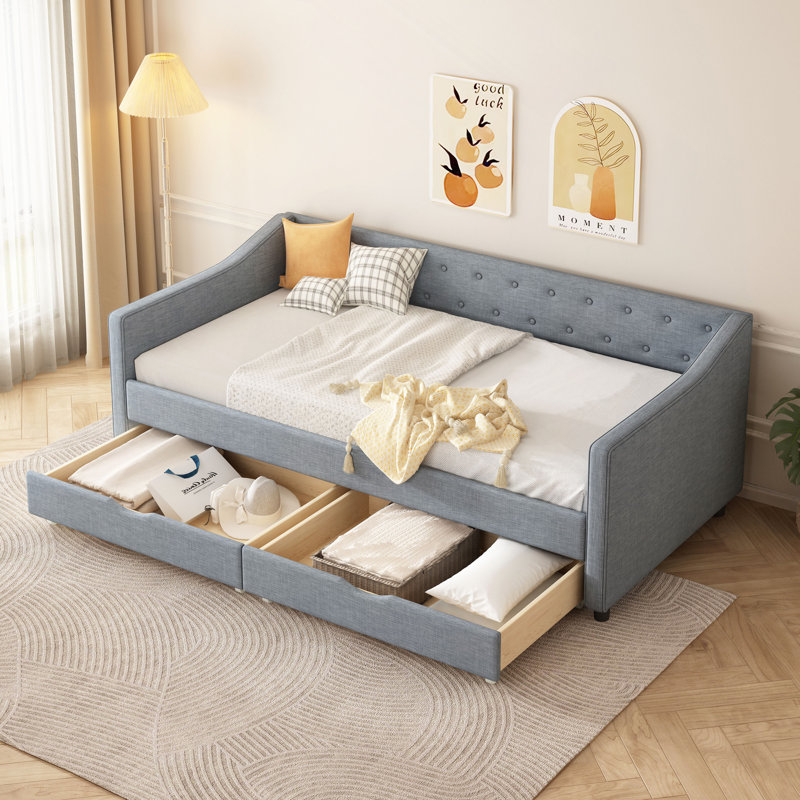 Daybed With Drawers Upholstered Tufted Sofa Bed, With Button On Back And Piping On Waved Shape Arms, Light Gray, Twin