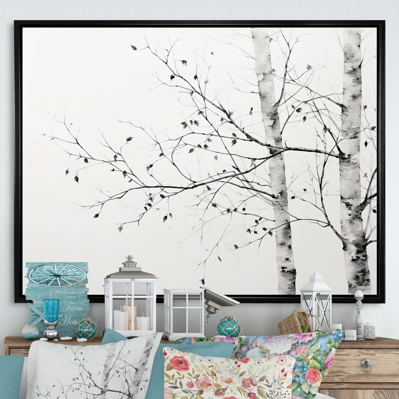 Arbre gris minimalisme bouleau II sur toile, Cadre flottant noir, H 24 po x l 32 po x P 1 po