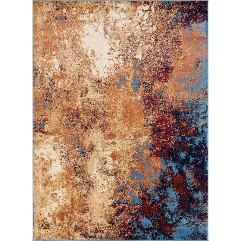 Bleu abstrait/Tapis décoratif Ivoire, Rectangle 6 pi x 9 pi