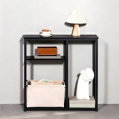 Narrow Console Table With Storage Basket, 29.5" Small Entryway Table With 3-tier Storage Shelves, Behind Couch Sofa Table, Hallway Table For Living Room, Black And Beige