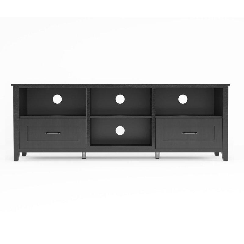 Meuble télé avec 2 tiroirs et 4 compartiments de rangement grande capacité, foyer non inclus, Noir, noir, noir, noir