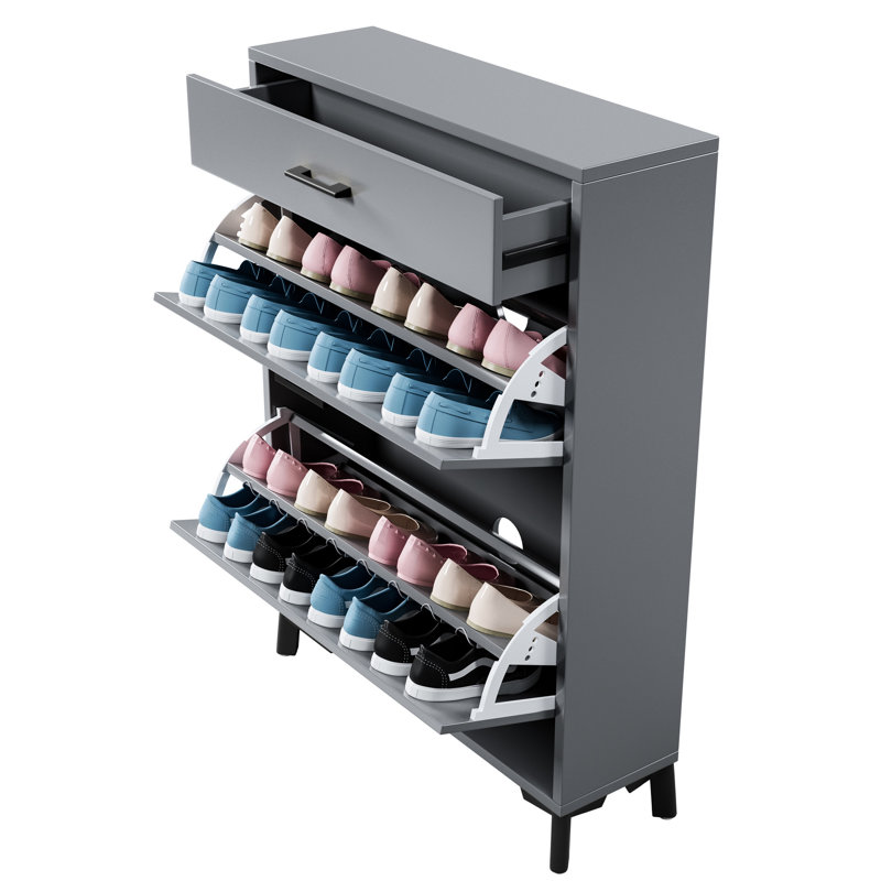 Armoire à chaussures grise - 2 tiroirs rabattables, peu encombrants et pratiques, Noir, Gris