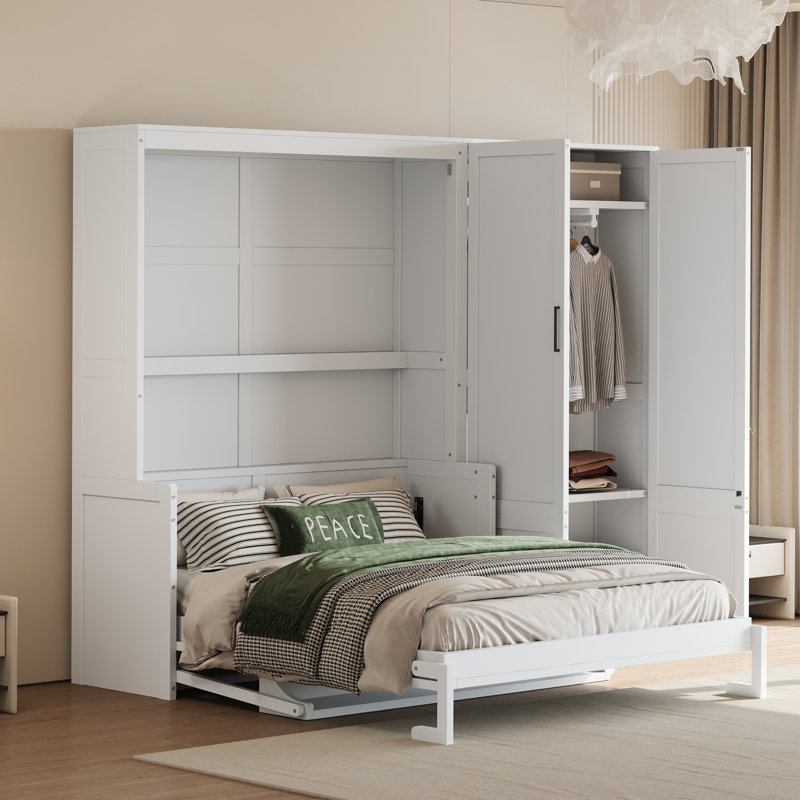 Grand lit escamotable mural avec placard, Blanc