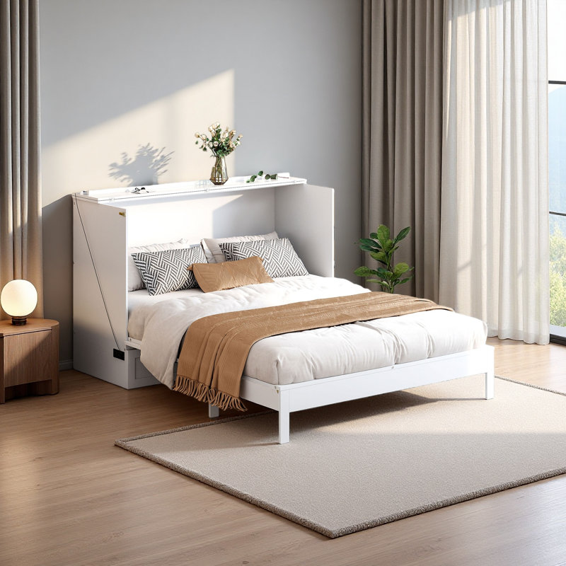 Lit escamotable avec grands tiroirs Murphy, Blanc, Grand lit