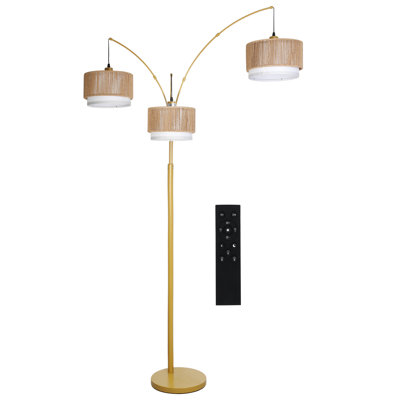 Boho Glam Gold 80″ Arc Floor Lamp,Gold Standing Lamp With Rope&Linen Double Lampshade,Remote Stepless Color Temp & Brightness