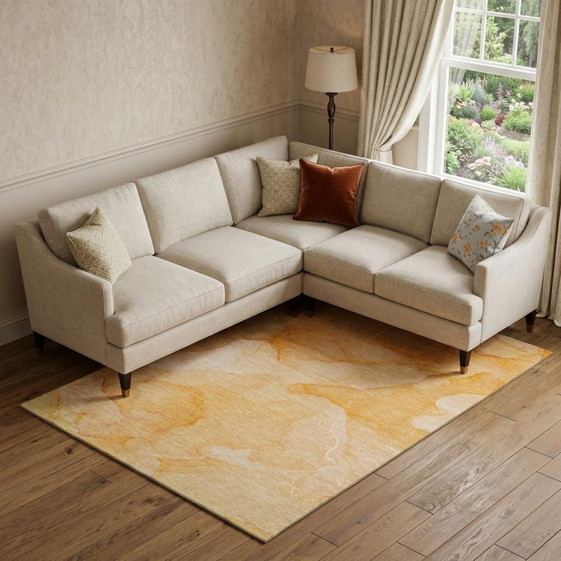 Tapis lavable abstrait orange et ivoire 10 pi x 14 pi avec protection UV