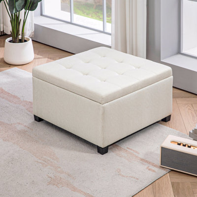 Repose-pieds capitonné en tissu avec rangement, couvercle de siège rabattable avec charnière en métal et structure en bois d'eucalyptus
