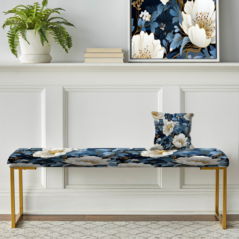 Banc rembourré or, Mystical White And Blue Botanic Floral Ballet