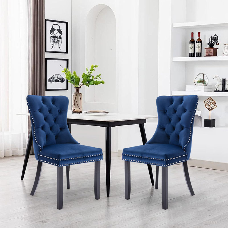 Chaise de salle à manger en velours avec anneau à dossier et pieds en bois massif, 2, Bleu, Noir