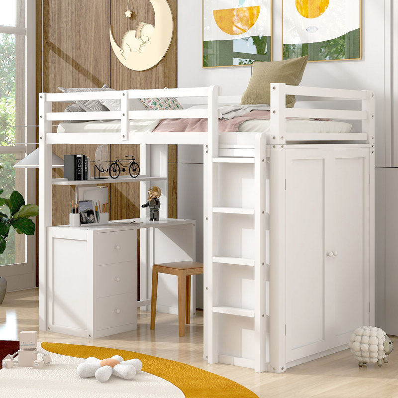 Lit mezzanine avec tiroirs, bureau et garde-robe, Blanc