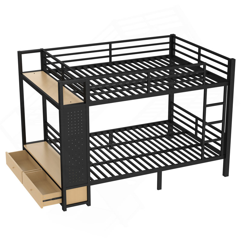 Grand lit superposé en métal pour les adolescents avec tablettes de rangement, tiroirs et panneau perforé, noir