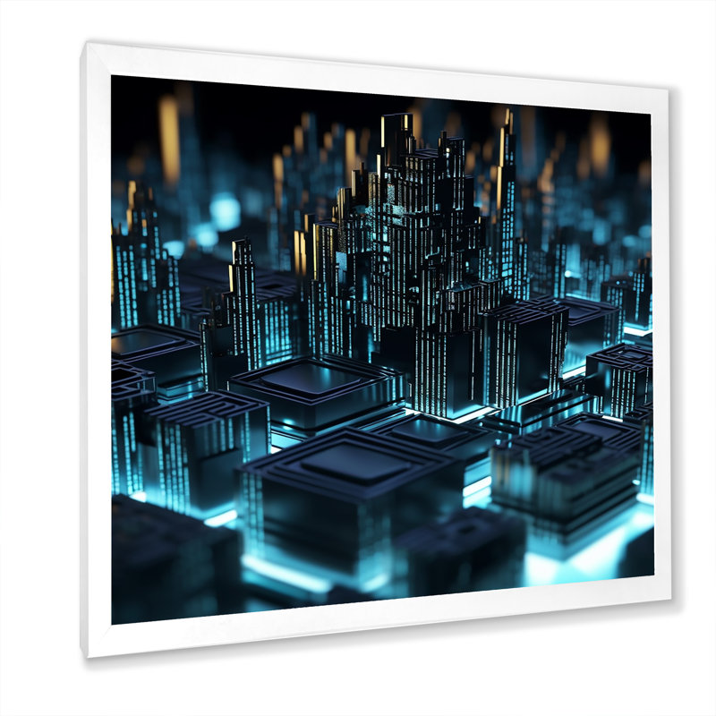 «3D Cityscape Futur Architecture Turquoise I» sur toile, H 30 po x l 30 po x P 1 po, Cadre simple blanc