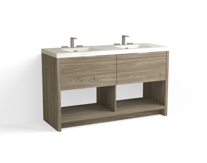Vista 60" W Freestanding Double Bathroom Vanity, White Gloss, Nimbus/Satin Nickel, 8" Widespread