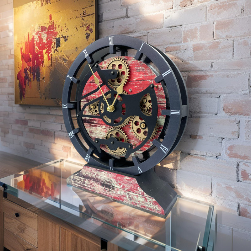 Horloge de bureau ronde en bois de 10 pouces avec de vrais engrenages (transformable en horloge murale - base détachable) Collection Canada