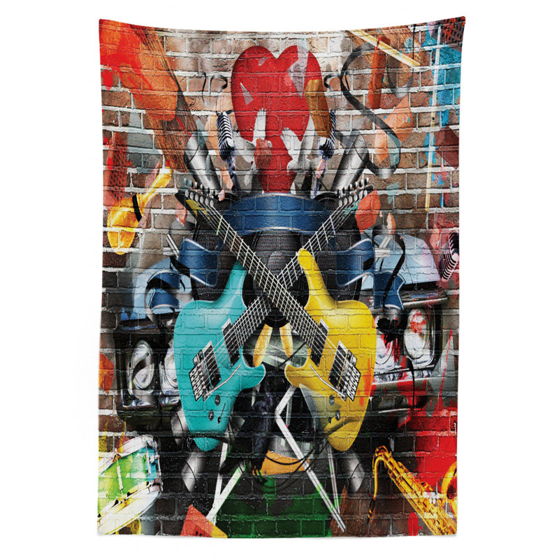 Ambesonne Music Tablecloth, Collage Of Music Color And Musical Instruments Street Wall Art Joyful Nostalgia Print, Rectangular Table Cover For Dining Room Kitchen Decor, 52" X 70", Multicolor