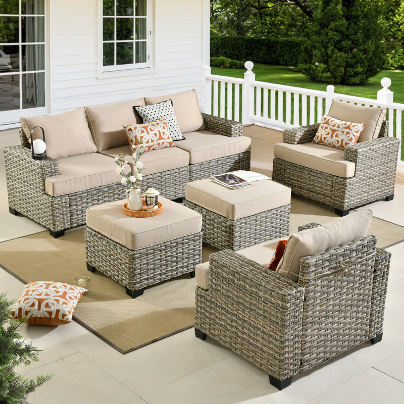 7 - Person Patio Furniture Set with Chairs, Outdoor Wicker Rattan Sectional Seating Group with Cushions, All Weather Sofa Conversation Set with Ottomans for Garden Backyard