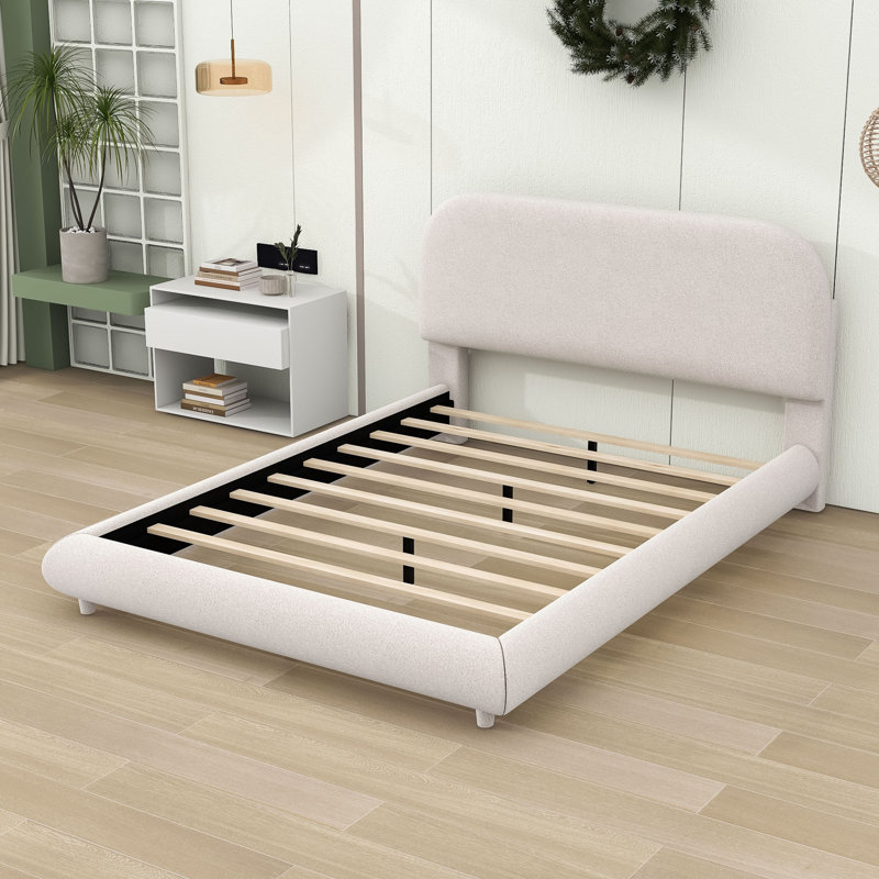 Milenka Upholstered Platform Bed with Curve-Shaped Headboard, Beige, Queen