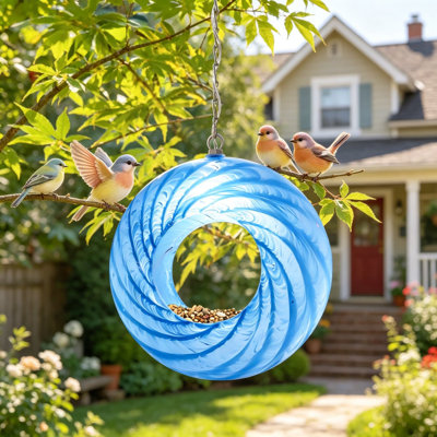 Mangeoire pour oiseaux à suspendre à l'extérieur, contenant rond en verre de 8 pouces avec lumières solaires, mangeoire d'oiseaux sauvages en mosaïque pour décoration de jardin