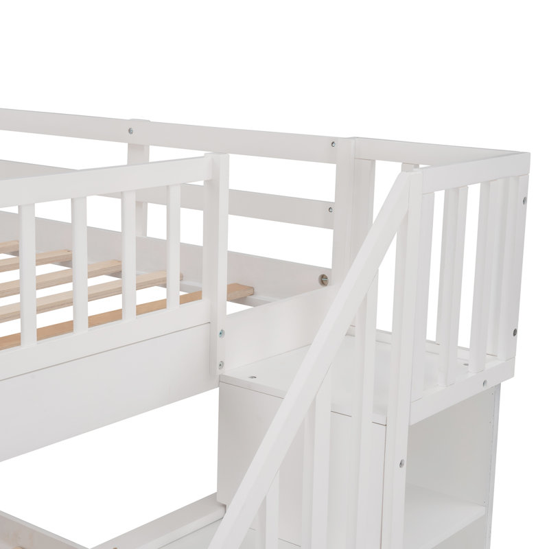 Lit superposé en escalier avec tiroir, garde-corps et garde-corps pour chambre à coucher, blanc, Blanc