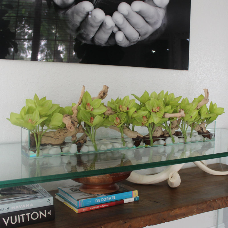 Centre de table orchidée Driftwood Cymbidium, H 8 po x l 24 po x P 6 po, Vert