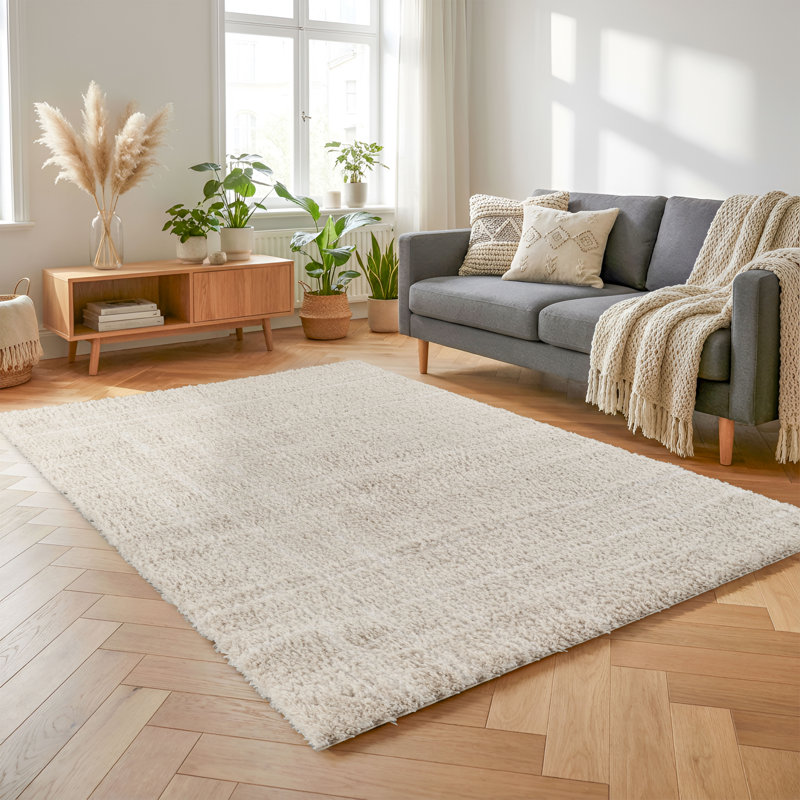 Nordic Beige & Ivory Striped Shag Modern Rug, Beige/Ivory, 8'10" x 11'11"
