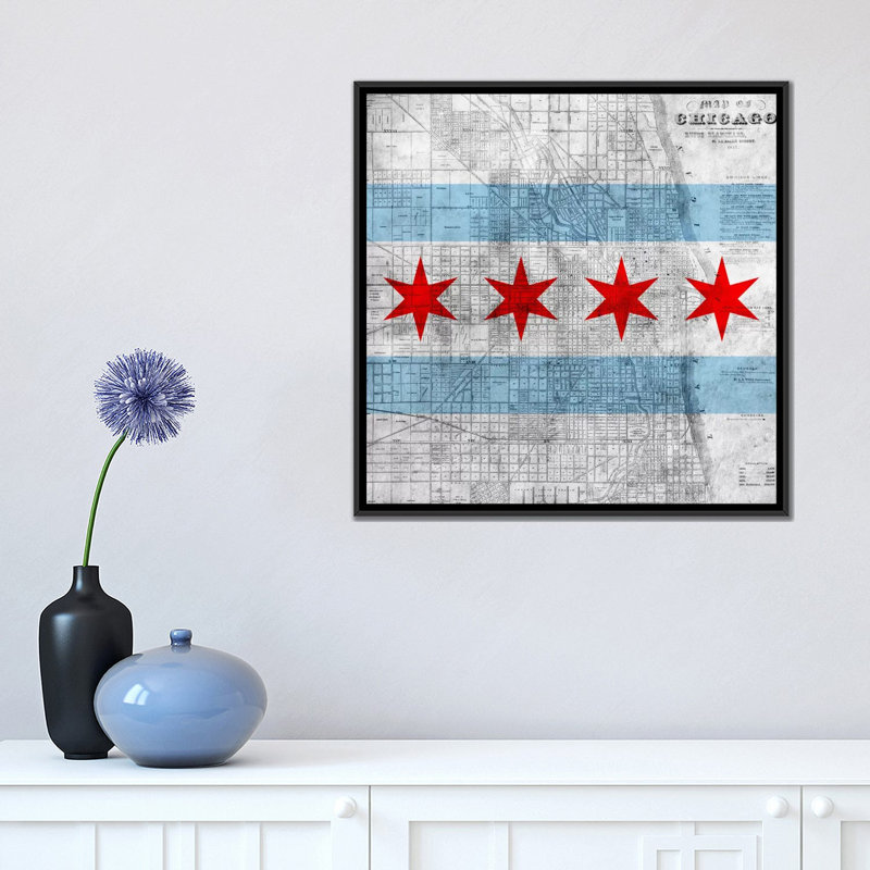Drapeau de Chicago, carte, impression sur toile, H 37 po x l 37 po x P 1,5 po, Toile avec cadre noir, Pas de tapis